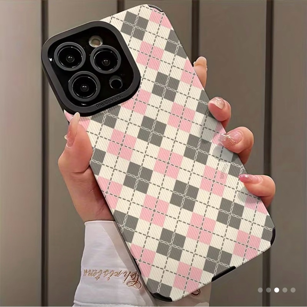 iPhone Phone Case Vertical Stripes PU Leather Texture Argyle Pattern Pink